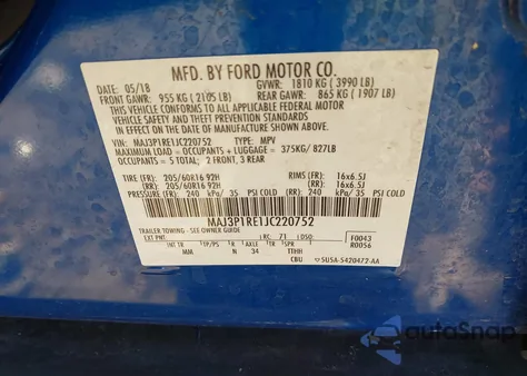 2018 Ford Ecosport S from USA, damaged, VIN MAJ3P1RE1JC220752